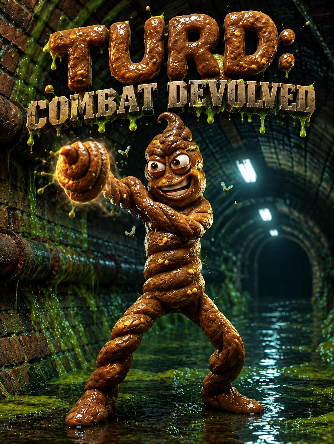 A muscular sewage creature squaring up in a flooded brick sewer tunnel